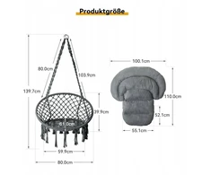 Bathonly pakabinamas krėslas macrame boho cotton iki 150kg, tamsiai pilkas