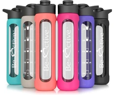 Gertuvė Be-active stiklinis butelis, be Bpa, 700 ml, sportinis borosilikatinio stiklo vandens butelis su silikoniniu dangteliu, sportinis butelis