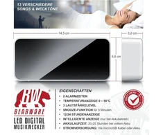 Bearware Csl Skaitmeninis žadintuvas su maitinimo šaltiniu ir itin didele 2200 mah baterija - muzikinis žadintuvas, kelioninis žadintuvas - 13 dainų ir melodijų - temperatūros ekranas - 2 žadintuvai - snaudimo funkcija - reguliuojamas apšvietimas