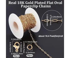 Beebeecraft 1 dėžutė 5 m plokščių ovalių sąvaržėlių grandinėlių, pagamintų iš 18k auksu dengto žalvario, 6 mm ovali masyvi grandinėlė su 20 omarų užsegimų ir 50 jungiamųjų žiedelių papuošalų gamybai
