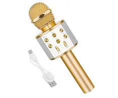 Belaidis karaoke mikrofonas su bluetooth garsiakalbiu, auksinis, puiki dovana