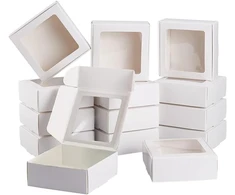 Benecreat kraft popieriaus dėžutės su skaidriu langeliu, 9,5 x 9,5 x 3,5 cm, baltos, dovanų pakavimo dėžutės kepiniams, sausainiams, pyragams, saldumynams, vestuvių vakarėliams, dovanėlėms, 20 vnt.