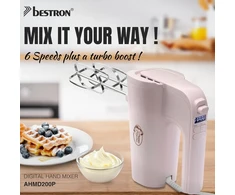 Bestron galingas rankinis maišytuvas su 6 lygiais, turbo funkcija ir lcd ekranu, maišytuvas su 2 šluotelėmis ir 2 tešlos kabliais, lengvas, 1kg, spalva: rožinė
