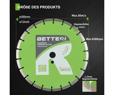 Betteri Deimantinis diskas 300 mm x 25,4 mm, universalus deimantinis pjovimo diskas 300 mm plytelėms, betonui, akmeniui, plytoms, mūrui, granitui atskirti, ilgaamžis deimantinis diskas pjovimo staklėms