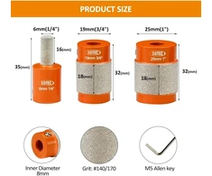 Bgtec Deimantinis šlifavimo antgalis stiklo apdirbimui, 3 vnt., 25 mm/19 mm/6 mm žalvario šerdis, skirtas stiklo dažymo šlifavimo antgaliams, deimantinio šlifavimo antgalių galvučių įrankiai, vitražo įrankiai ir priedai vitražui