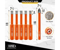 Bgtec sausų deimantinių grąžtų rinkinys 6 vnt. 6 mm x 5 šešiakampis kotas sausas grąžtas + 6 mm trikampis kotas karbido grąžtas granitui, marmurui, mūrui, betonui, plytelėms/keramikai, vakuuminiu būdu lituotas