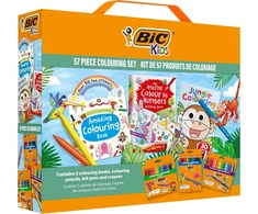 Bic Kids spalvinimo knygelių rinkinys: 18 spalvotų pieštukų, 18 flomasterių, 18 kreidelių, 3 spalvinimo knygelės ir 50 lipdukų