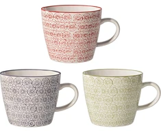 Bloomingville Isabella retro stiliaus kavos puodeliai su rankena, skersmuo 9,5 x aukštis 8 cm, raudonos, levandų, žalios spalvos, keramikinis rinkinys iš 3, talpa apie 280 ml