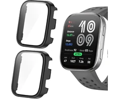 Blueshaweu apsauginis dėklas, suderinamas su amazfit bip 6 išmaniuoju laikrodžiu 46 mm, kietas pc dėklas su stiklo ekrano apsauga, suderinamas su amazfit bip 6 (juodas + juodas)