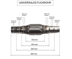 Bluetech universalus lankstus vamzdis, liepsnos vamzdis, išmetimo vamzdis, nerūdijančio plieno vamzdis, katalizinis konverteris, išmetimas, skersmuo 50 mm / skersmuo 55 mm / skersmuo 60 mm, ilgis 400 mm