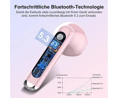 Bluetooth ausinės į ausis, belaidės bluetooth 5.3, itin lengvos ausinės su hd mikrofonu, išskirtinės kokybės muzikos transliacija iki 30 valandų, led ekranas, ip7 atsparumas vandeniui, persikų rožinė