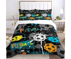 Bnreda futbolo patalynės komplektas 135 x 200 cm, minkštas ir patogus mikropluošto patalynės komplektas su futbolo motyvais, su užtrauktuku, futbolo patalynė ir 2 pagalvių užvalkalai 50 x 75 cm (footbal-a, 135 x 200 cm)