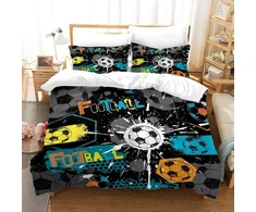 Bnreda futbolo patalynės komplektas 135 x 200 cm, minkštas ir patogus mikropluošto patalynės komplektas su futbolo motyvais, su užtrauktuku, futbolo patalynė ir 2 pagalvių užvalkalai 50 x 75 cm (footbal-a, 135 x 200 cm)