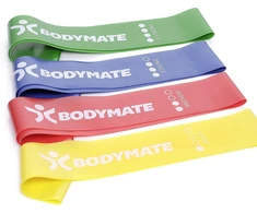 Bodymate treniruočių gumos, 4 stiprumų rinkinys su nešiojimo krepšiu, 60 cm apimtis x 5 cm plotis, fitneso guma, kilpa pagaminta iš natūralaus latekso, pasipriešinimo gumos, funkcinės treniruotės
