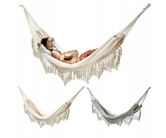Boho hamakas su kutais, smėlio/pilkos spalvos, 200x150 cm, keliamoji galia 150 kg, sodui, terasai