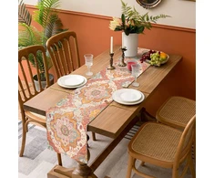 Boho stalo takelis, vintažinis, 33 x 183 cm, oranžinis spalvingas stalo takelis, skalbiamas lininis turkiško stiliaus staltiesė, kaimiško stiliaus dekoracija sodybos valgomojo kambario vakarėliui, šventinis stalo dekoras