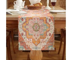 Boho stalo takelis, vintažinis, 33 x 183 cm, oranžinis spalvingas stalo takelis, skalbiamas lininis turkiško stiliaus staltiesė, kaimiško stiliaus dekoracija sodybos valgomojo kambario vakarėliui, šventinis stalo dekoras