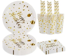 Bokfjbp 80 dalių gimtadienio stalo įrankių rinkinys, baltos aukso spalvos vakarėlio dekoracijų reikmenys, stalo įrankiai, lėkštės, servetėlės, popieriniai puodeliai, šiaudeliai vaikų gimtadienio dekoravimui, berniukams ir mergaitėms, 16 asmenų (baltas auk