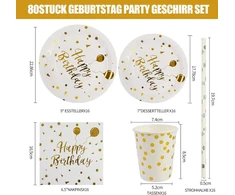Bokfjbp 80 dalių gimtadienio stalo įrankių rinkinys, baltos aukso spalvos vakarėlio dekoracijų reikmenys, stalo įrankiai, lėkštės, servetėlės, popieriniai puodeliai, šiaudeliai vaikų gimtadienio dekoravimui, berniukams ir mergaitėms, 16 asmenų (baltas auk