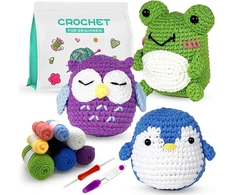 Boloshine nėrimo rinkinys pradedantiesiems su mokomuoju vaizdo įrašu ir instrukcijomis, amigurumi mezgimo rinkinys su vilna ir nėrimo vąšeliu, nėrimo rinkinys "pasidaryk pats" raktų pakabukų rinkinys 3 gyvūnai: varlė, pelėda, pingvinas