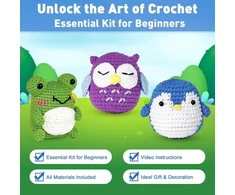 Boloshine nėrimo rinkinys pradedantiesiems su mokomuoju vaizdo įrašu ir instrukcijomis, amigurumi mezgimo rinkinys su vilna ir nėrimo vąšeliu, nėrimo rinkinys "pasidaryk pats" raktų pakabukų rinkinys 3 gyvūnai: varlė, pelėda, pingvinas