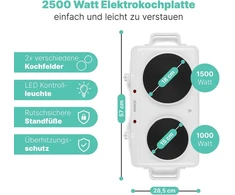 Viryklė Bomann® dviguba kaitlentė, galinga kaitlentė su nuolat reguliuojamais termostatais, 2 kaitlentės, vėsios rankenos, dviguba kaitlentė su 1500 W/1000 W, Dkp 5028 Cb