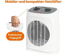 Bomann® hl 6064 cb ventiliatorinis šildytuvas su ventiliatoriaus funkcija, elektrinis šildytuvas su nuolat reguliuojamu termostatu ir 2 šilumos nustatymais, osciliuojantis šildytuvas voniai, virtuvei, garažui