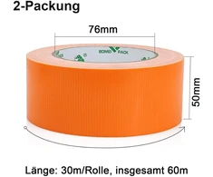 Bomei Pack oranžinė lipni juosta, atspari vandeniui, 50 mm x 30 m - 2 ritiniai, oranžinė lipni audinio juosta - audinio juosta - ypač stipri lipni juosta - lipni juosta - vandeniui atspari juosta