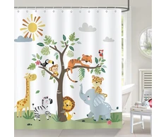 Bonhause dušo užuolaida vaikams su animaciniais gyvūnais žirafa dramblys 180 x 180 cm, atspari pelėsiui, vandeniui, pagaminta iš poliesterio audinio, skalbiama vonios užuolaida su 12 kabliukų