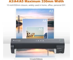 Bonsaii A3 laminatorius, technologija be strigčių, 5-in-1 rinkinys su 10 plėvelių, popieriaus pjaustytuvas ir kampų apvalintuvas, Ntc temperatūros kontrolė, iki 330 mm, laminavimas namams, biurui ir mokyklai (l318-a)