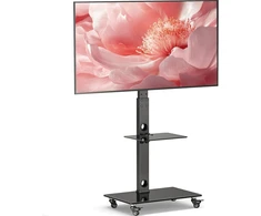 Laikiklis Bontec tv stovas su ratukais 30-70 colių plazminiams/lcd/led ekranams iki 40 kg, 6 aukščio reguliavimo padėtys su 2 pakopų grūdinto stiklo lentynomis, max vesa 600 x 400 mm