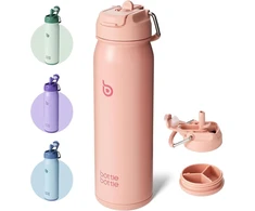 Bottlebottle nerūdijančio plieno gertuvė su šiaudeliu, rankena ir tablečių skyreliu, 709 ml, skirta mokyklai, izoliuota sportinė gertuvė (salmon)