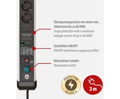 Brennenstuhl Premium Protect-line maitinimo juosta su 8 lizdais ir apsauga nuo viršįtampių 60 000 A (daugialypis lizdas su jungikliu ir 3 m kabeliu, pagaminta Vokietijoje) sidabrinė/juoda