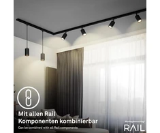 Briloner - Pilnas bėgių sistemos komplektas, 6x Gu10 prožektoriai, pasukami, maitinimas, šviestuvų bėgių sistema, lubinis šviestuvas, prožektorius, 2,25 m, juodas