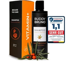 Buddy Bruno® Šampūnas jautriems šunims | Su vitaminais + natūrali priežiūra su šaltalankių ekstraktu | Veganiškas | Atstato odą ir kailį | Apsaugo nuo kvapų ir niežulio, dermatologiškai patikrintas | 250 ml
