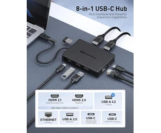 Cable Matters 8-in-1 Usb C šakotuvas su dviem Hdmi prievadais, 140w Pd įkrovimo funkcija, gigabitiniu eternetu, 10g duomenų perdavimu per 3 Usbc ir A, taip pat 1 Usb 2.0