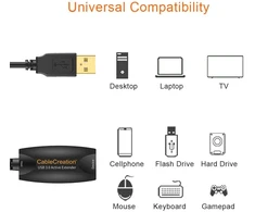 Cablecreation Gold (ilgas 16 pėdų) itin spartus Usb 2.0 aktyvusis ilgintuvas, Usb 2.0 ilgiklis Usb A-male į A-female kabelis, 5 m/16 pėdų, juodas