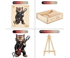 Dėlionė Cadeaujoie Rock Cat medinis galvosūkis suaugusiems, medinis galvosūkis suaugusiems, medinis galvosūkis su netaisyklingos unikalios formos detalėmis, medinis galvosūkis su medine dovanų dėžute