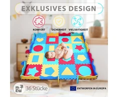 Cantoblanc® dėlionės kilimėlis kūdikiams, žaidimų kilimėlis iš eva gumos + laikymo krepšys, 36 detalės su geometrinėmis figūromis ir kraštais, didelis dydis ir storis (140 x 140 x 1,2 cm), žaidimų kilimėlis kūdikiams, skirtas vaikams ropoti