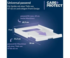Care+protect universalus tarpinis rėmas su ištraukiama baze skalbimo mašinoms ir džiovyklėms, tinkamas prietaisams, kurių gylis 47–62 cm, vietą taupantis, baltas, kvadratinis priekis