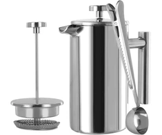 Catime Kavos aparatas 350 ml su filtru, prancūziškas presas ir kavos virimo aparatas pagamintas iš dvigubų sienelių nerūdijančio plieno, sidabrinis mažas kavos puodas, kavos presas 2 puodeliai su šaukšteliu