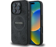 Cg mobile guess hc telefono dėklas, skirtas iphone 16 pro max, patvarus, atsparus smūgiams, suderinamas su magsafe, pu 4g ring classic logo dėklas, juodas