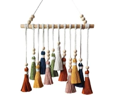 Champracer macrame sienos dekoracija, boho dekoratyvinis macrame gobelenas, spalvotas austas sienos gobelenas su mediniais karoliukais, stilingas gobelenas, kutų girlianda miegamajam, svetainei, vaikų kambariui