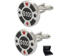 Collar and cuffs london - aukštos kokybės sąsagos su dovanų dėžute - casino token - stilingas žalvaris - sidabro, juodos ir raudonos spalvos - casino žaidimas pokeris, apvalios, žalvarinės, be akmens