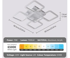 Comely Led lubų šviestuvas, 61 W, 7000 Lm, kūrybingas 5 galvučių kvadratinis Led lubų šviestuvas, akrilinis baltas lubų apšvietimas, modernus Led miegamojo, svetainės šviestuvas, šaltai balta 6500 K