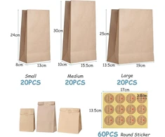 Coptiner rudų kraft popierinių maišelių rinkinys su lipdukais, 60 vnt., 90 g/m², sustiprinti, atsparūs aliejui, saldainių, vaišių maišeliai kalėdoms, helovinui, gimtadieniui, vestuvėms, 3 dydžių