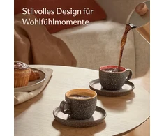 Cosumy espresso puodelių su lėkštutėmis rinkinys, 4 vnt. - 90 ml keramika, dekoratyvinis akmens masės indas su rankų darbo reaktyvine glazūra - ilgai išlaiko šilumą (spalvingas)