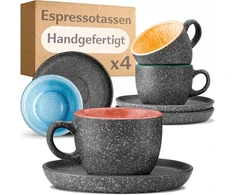 Cosumy espresso puodelių su lėkštutėmis rinkinys, 4 vnt. - 90 ml keramika, dekoratyvinis akmens masės indas su rankų darbo reaktyvine glazūra - ilgai išlaiko šilumą (spalvingas)