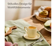 Cosumy spalvoti espresso puodeliai su lėkštutėmis, 6 vnt., pastelinės spalvos – 90 ml – dryžuotas keraminis raštas – galima plauti indaplovėje ir naudoti mikrobangų krosnelėje – modernus mocha puodelių rinkinys