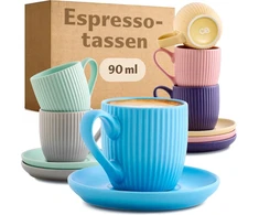 Cosumy spalvoti espresso puodeliai su lėkštutėmis, 6 vnt., pastelinės spalvos – 90 ml – dryžuotas keraminis raštas – galima plauti indaplovėje ir naudoti mikrobangų krosnelėje – modernus mocha puodelių rinkinys